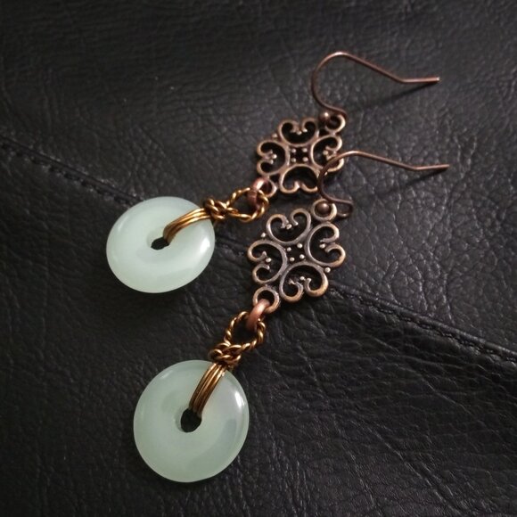 Green Aventurine & Copper Filigree Dangle Earrings - Picture 6 of 11